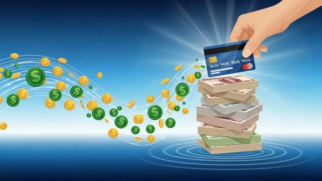신용카드 현금화 절차를 상징하는 카드와 현금 흐름 일러스트