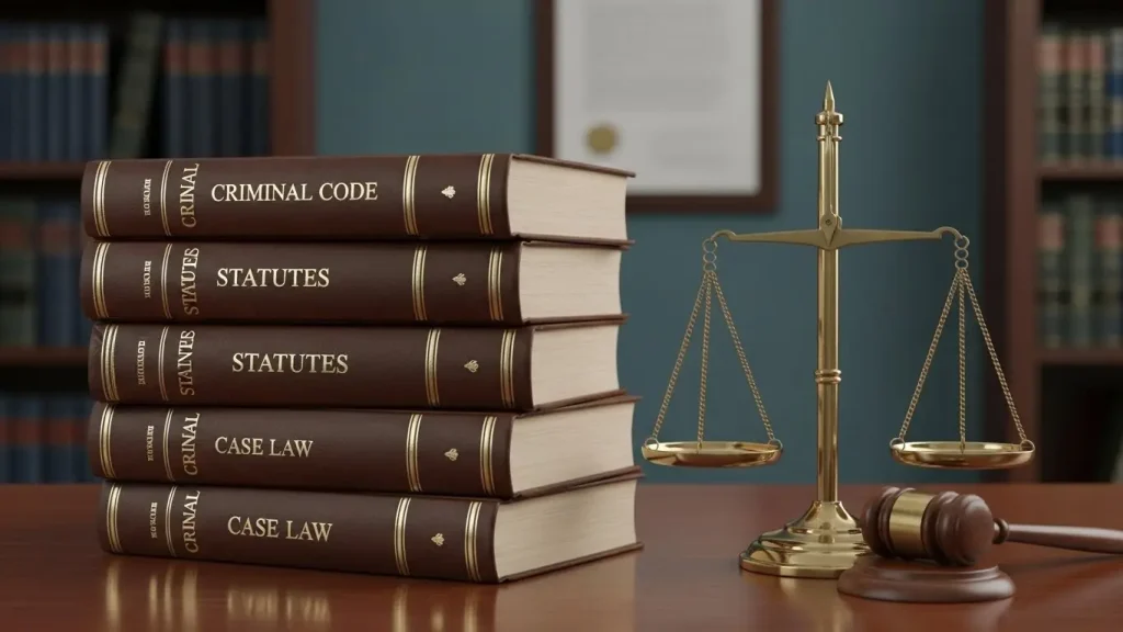 법률서적과 저울이 놓인 안정적 조명 아래의 진중한 장면