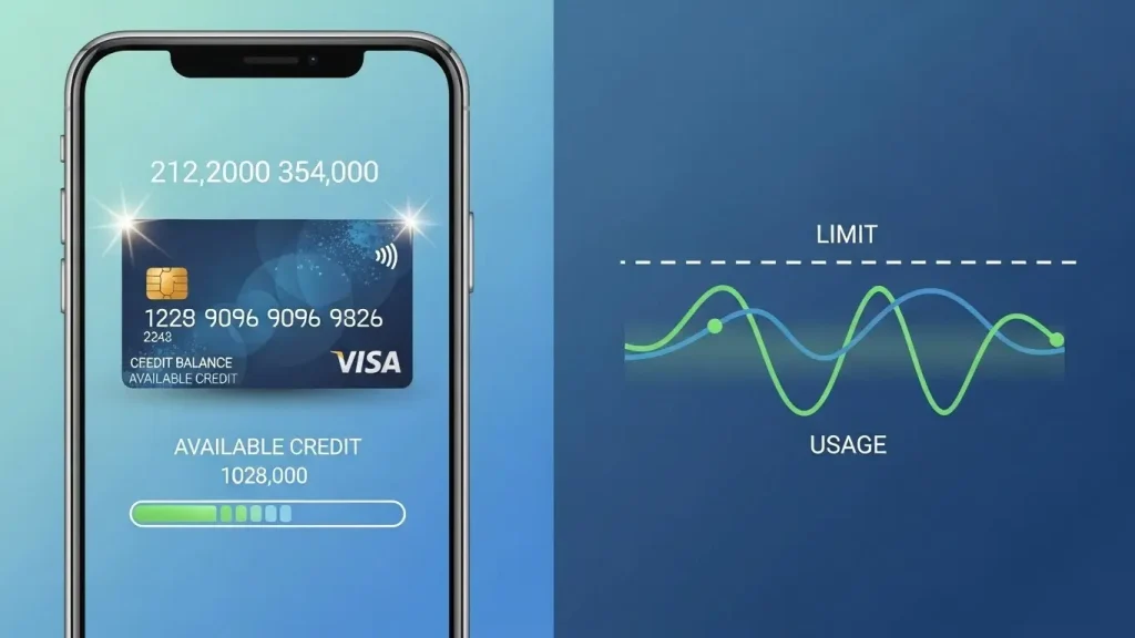 모바일 카드 화면과 한도 그래프를 조합한 2D 금융 일러스트